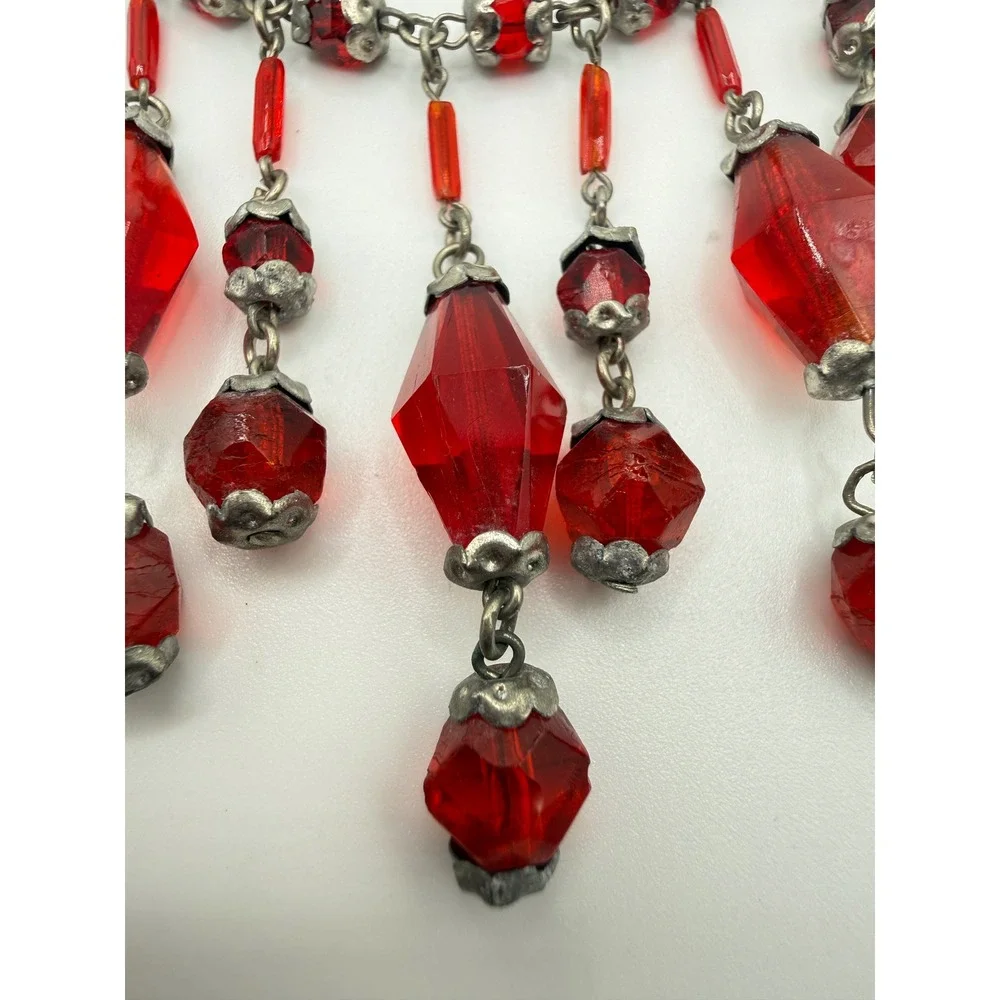Vintage Red Glass‎ Fringe Bib Necklace Silver Tone Beaded Art Deco